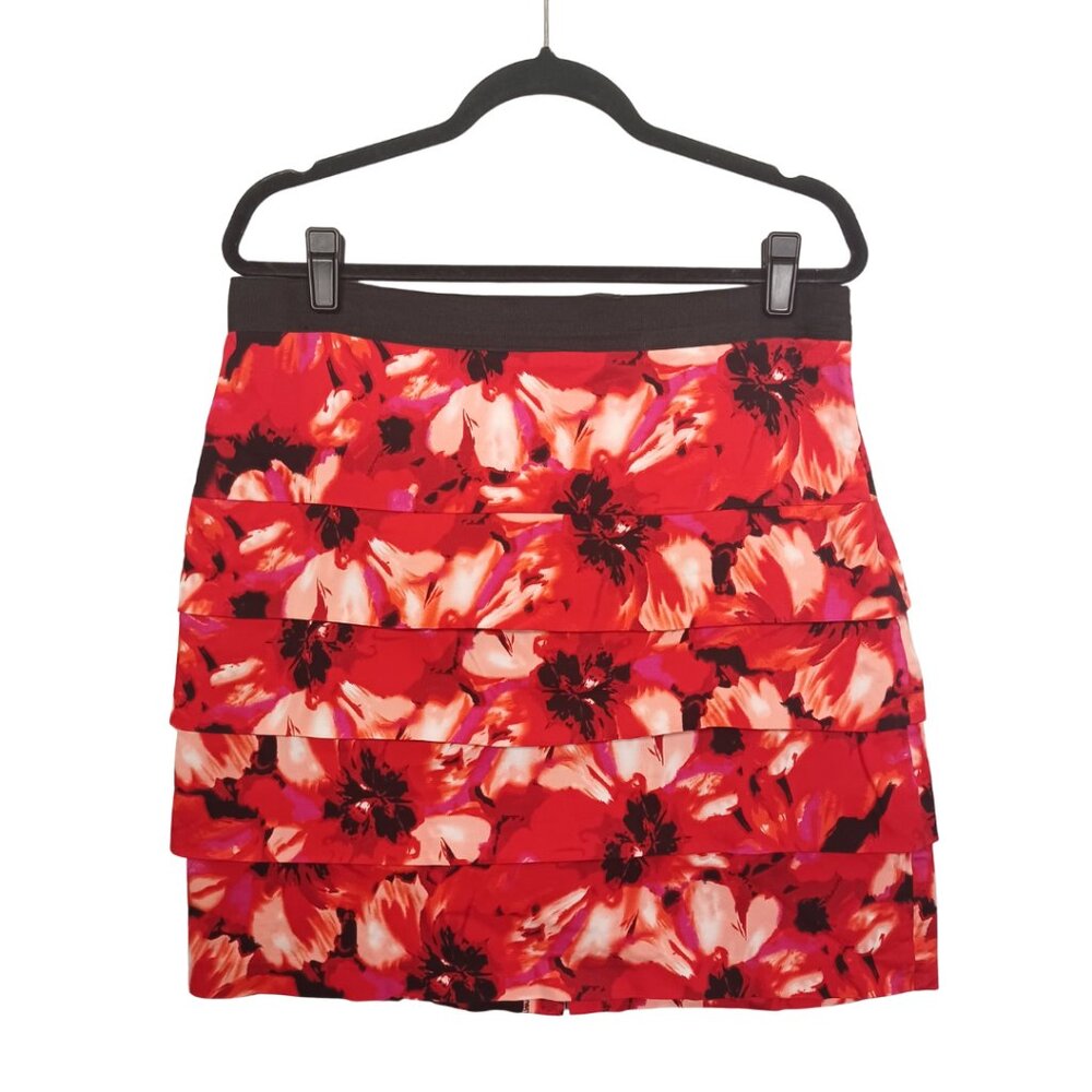 LARRY LEVINE Floral Skirt Red Black Floral Print 12 Large